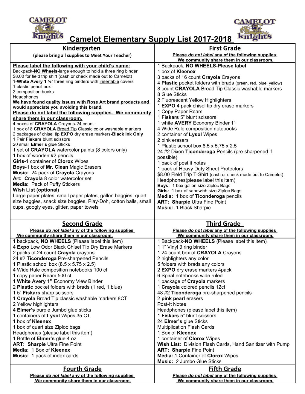 Camelot Elementary Supply List 2017-2018