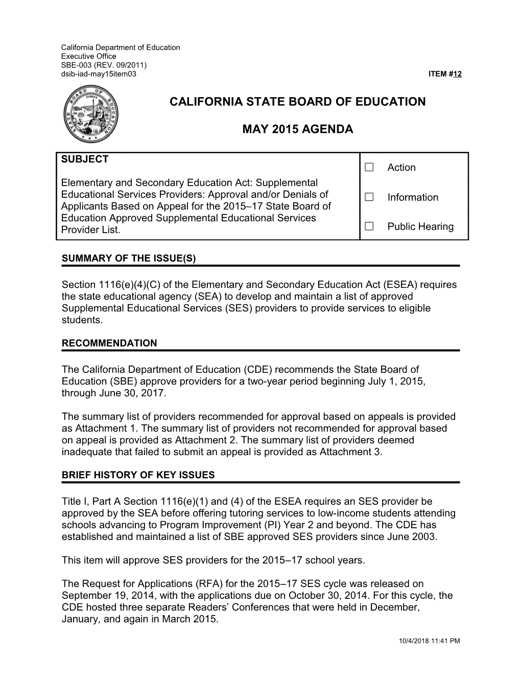 May 2015 Agenda Item 12 - Meeting Agendas (CA State Board of Education)