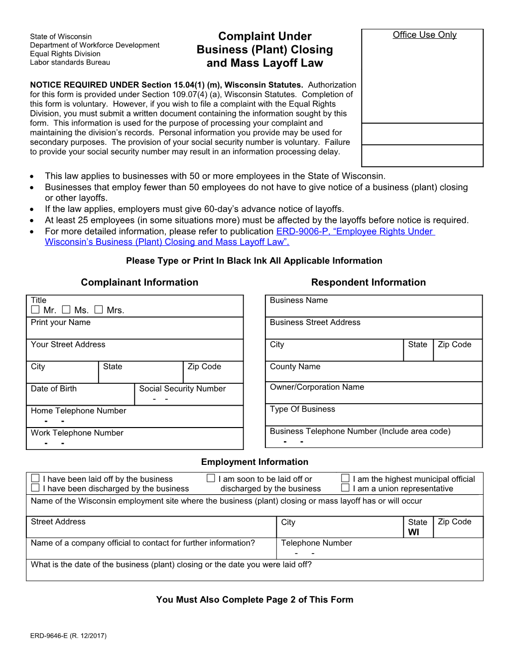 ERD-9646-E, Business Closing/Mass Layoff Complaint