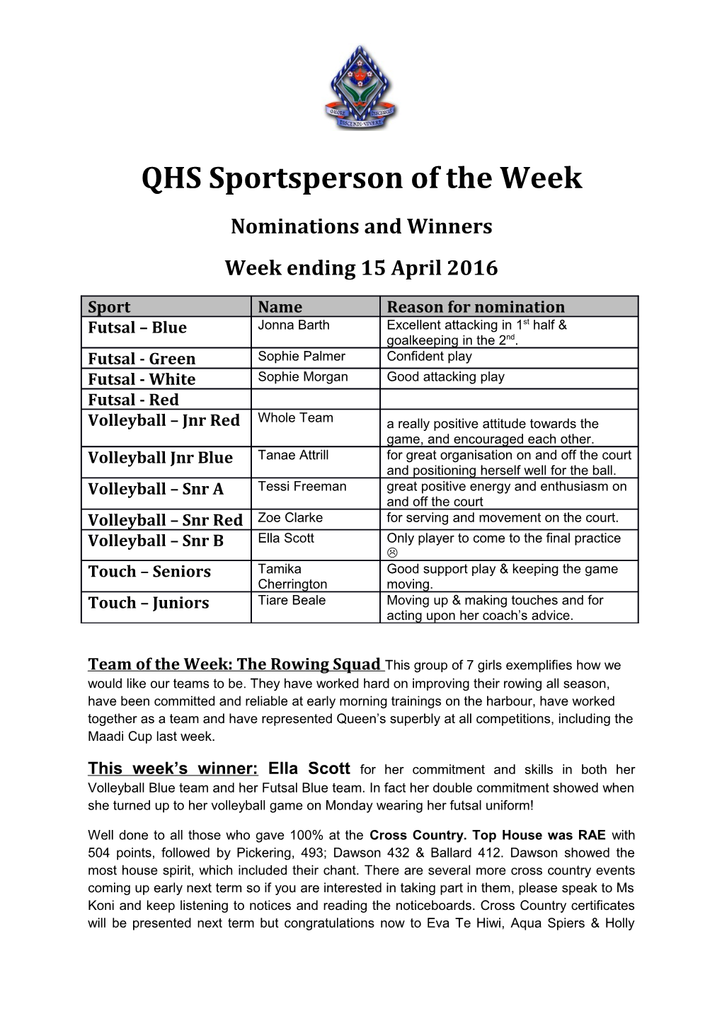 QHS Sportsperson of the Week