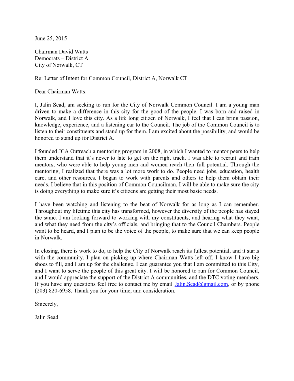 Re: Letter of Intent for Common Council, District A, Norwalk CT