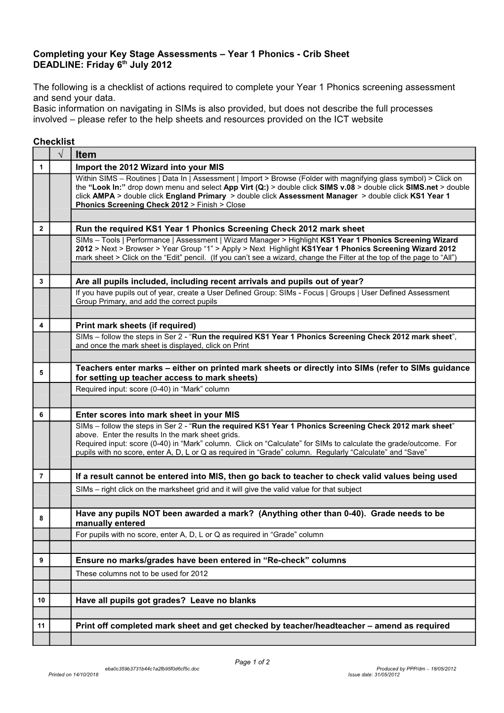 Completing Your Key Stage Assessments Check List