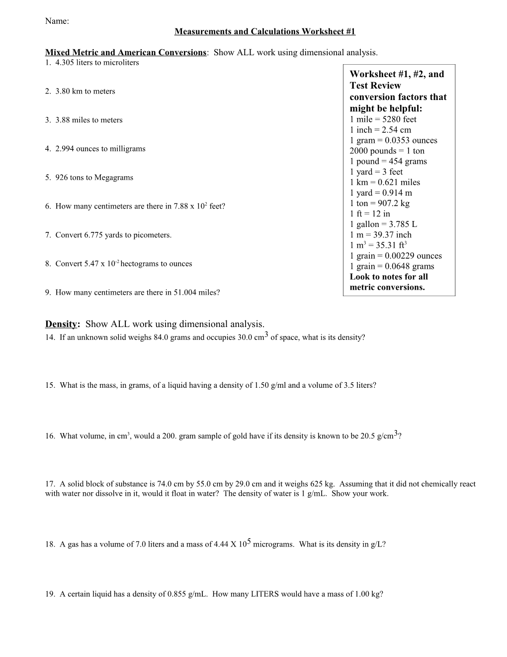 Measurements and Calculations Worksheet #1
