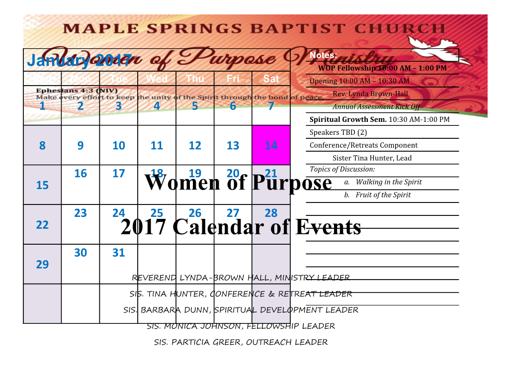 2017 Women of Purpose Calendar of Events