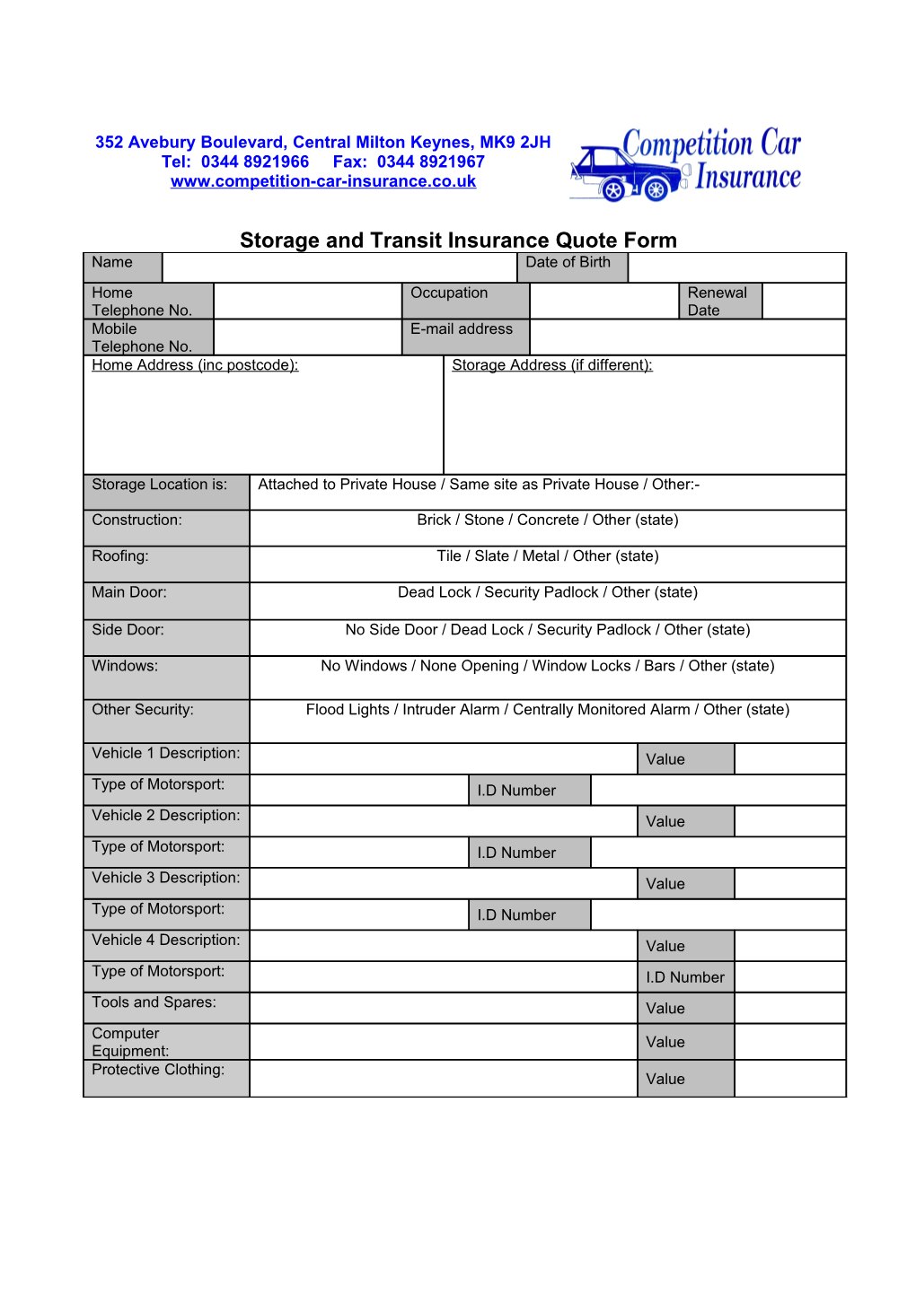 Storage and Transit Insurance Quote Form