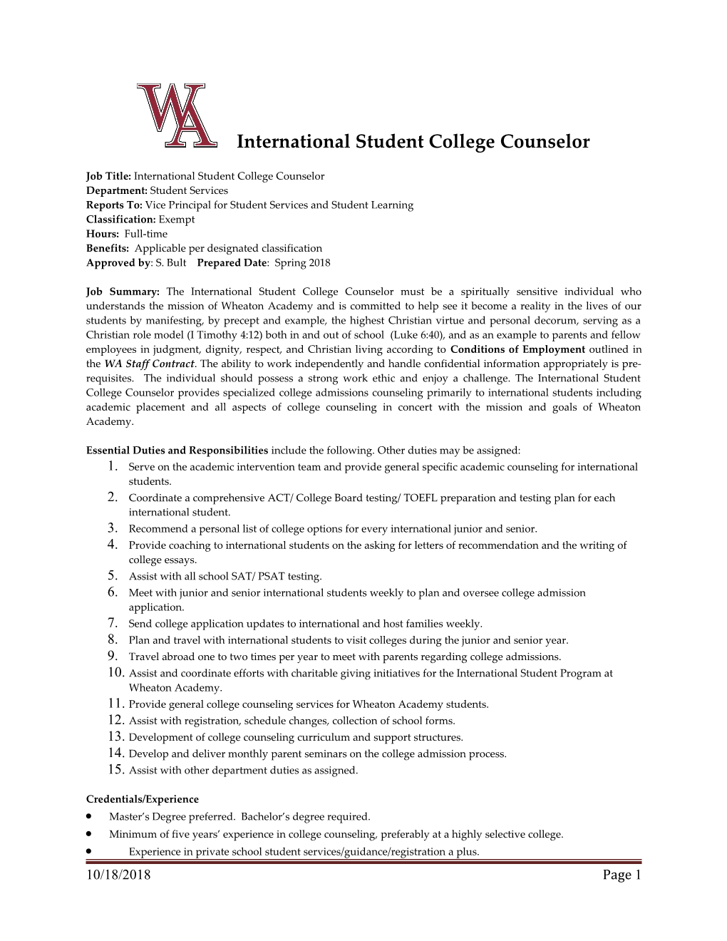 Job Title: International Student College Counselor