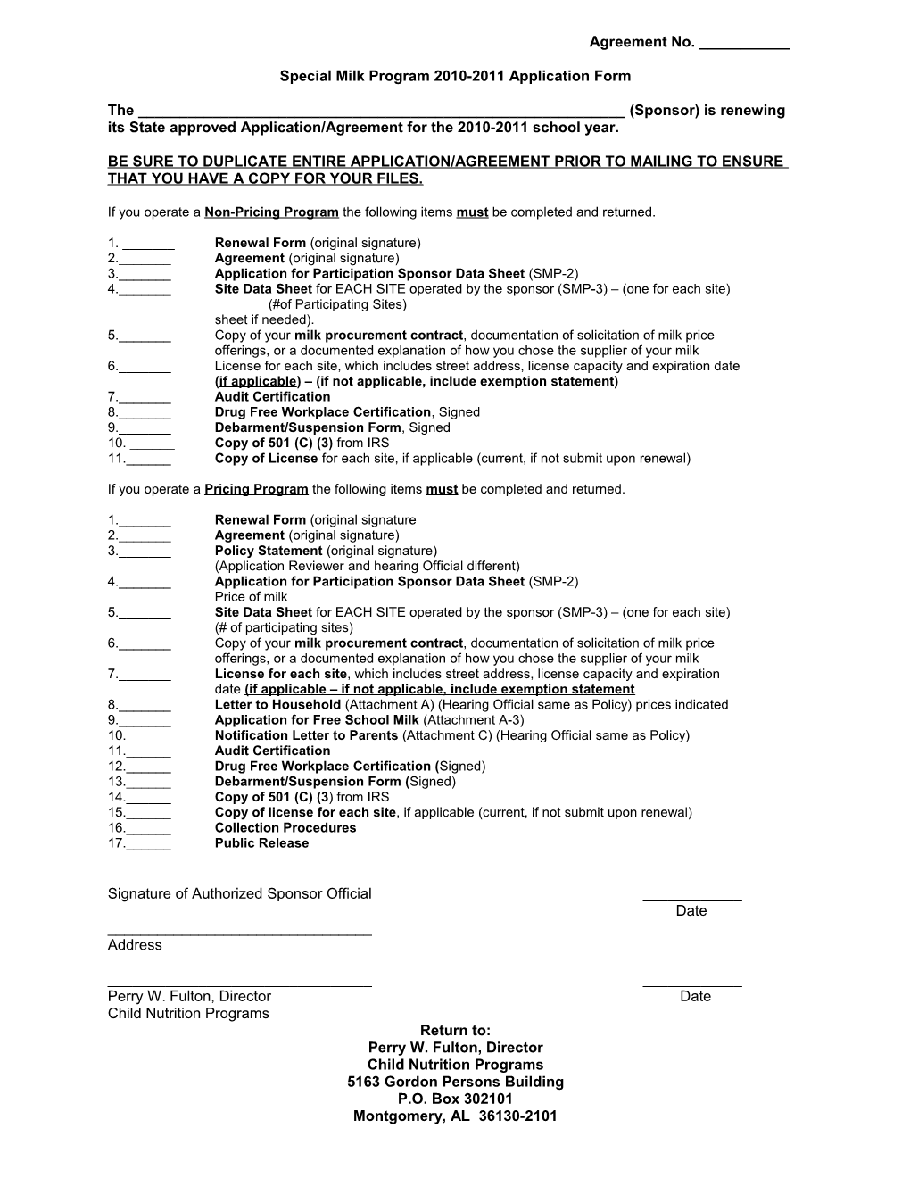 Special Milk Program 2010-2011 Application Form