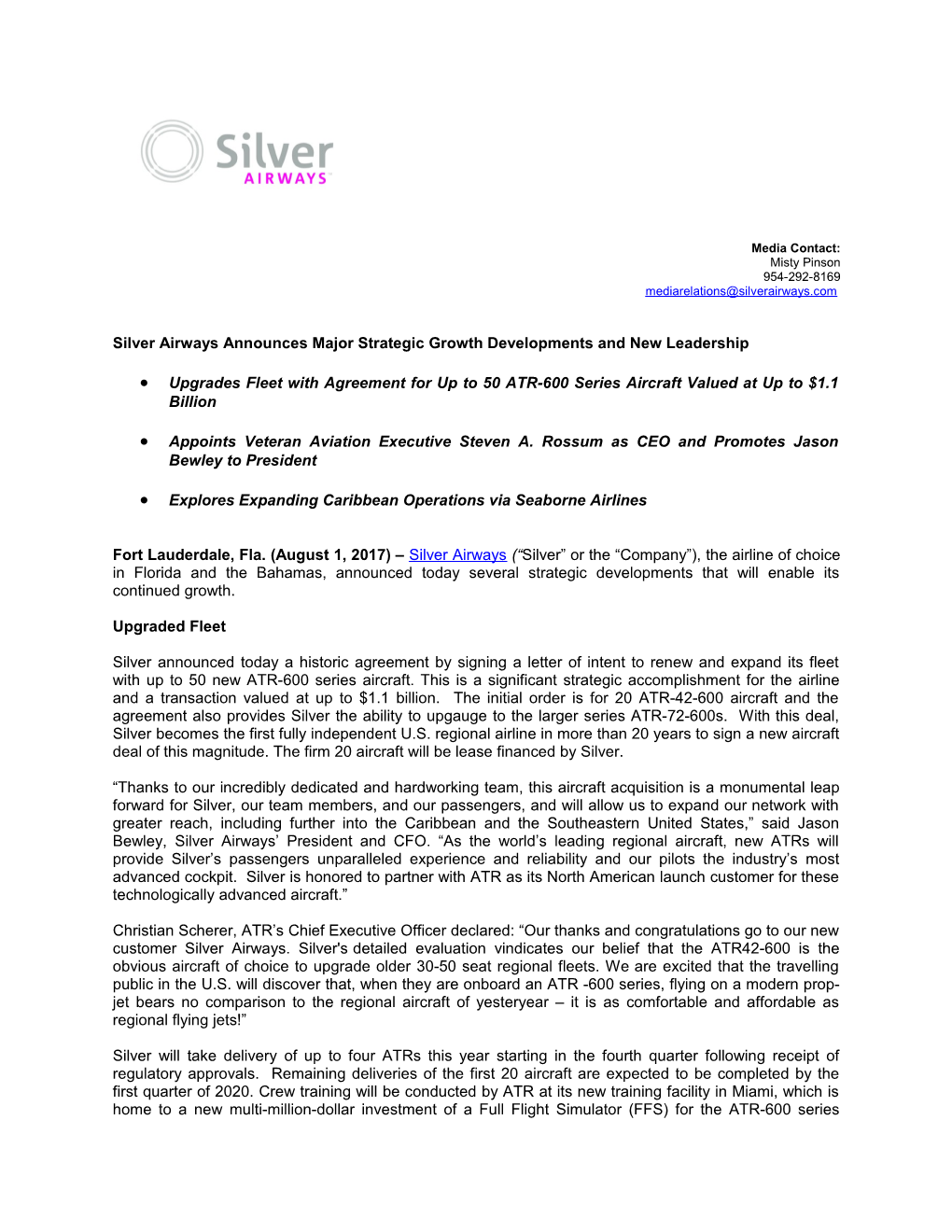 Silver Airways Announces Major Strategic Growth Developments and New Leadership