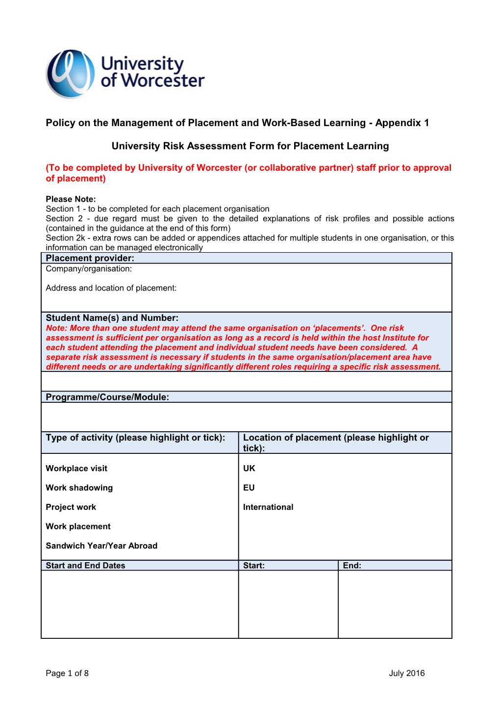 Policy on the Management of Placement and Work-Based Learning - Appendix 1