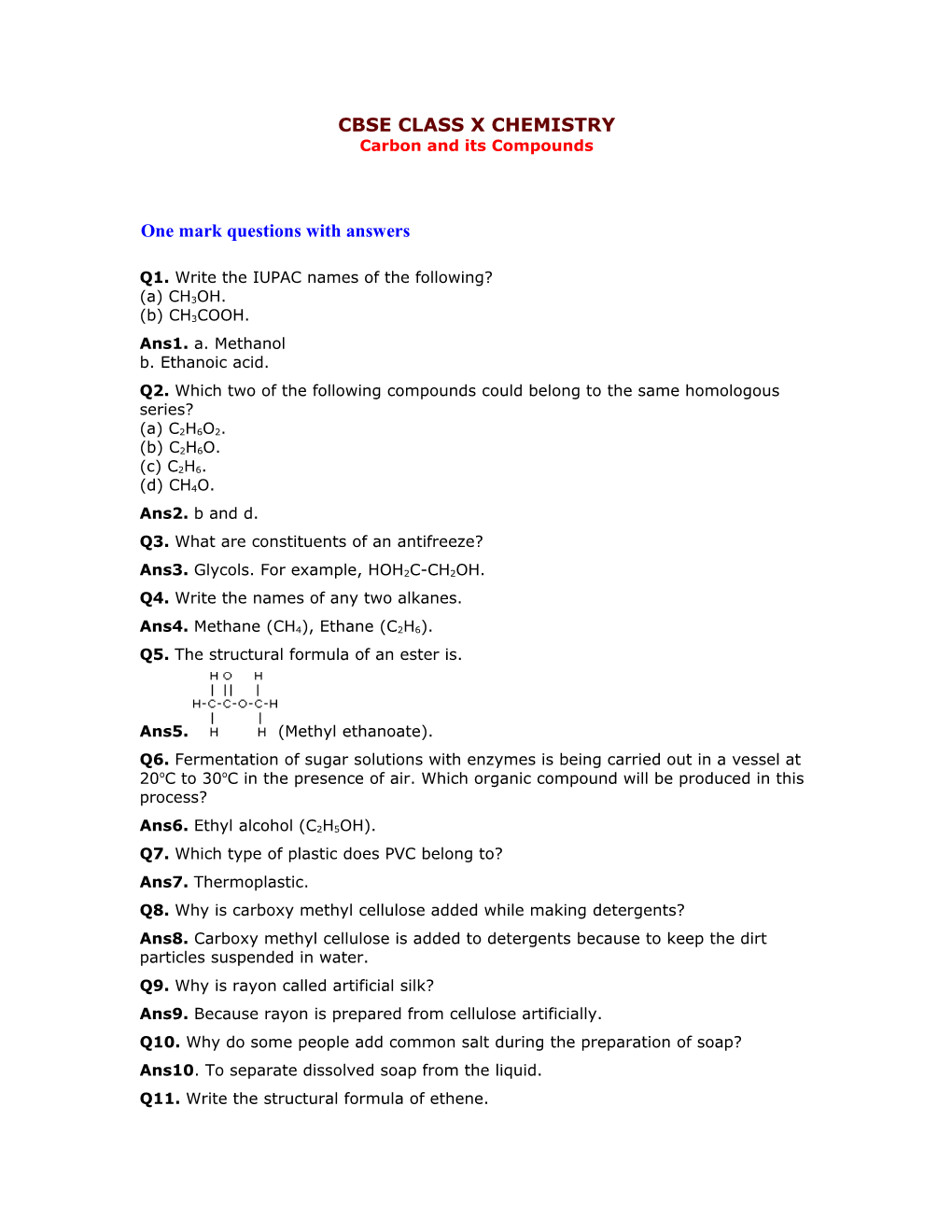 CBSE CLASS X CHEMISTRY Carbon and Its Compounds