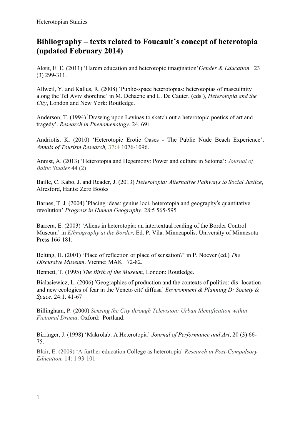 Bibliography Texts Related to Foucault S Concept of Heterotopia (Updated February 2014)