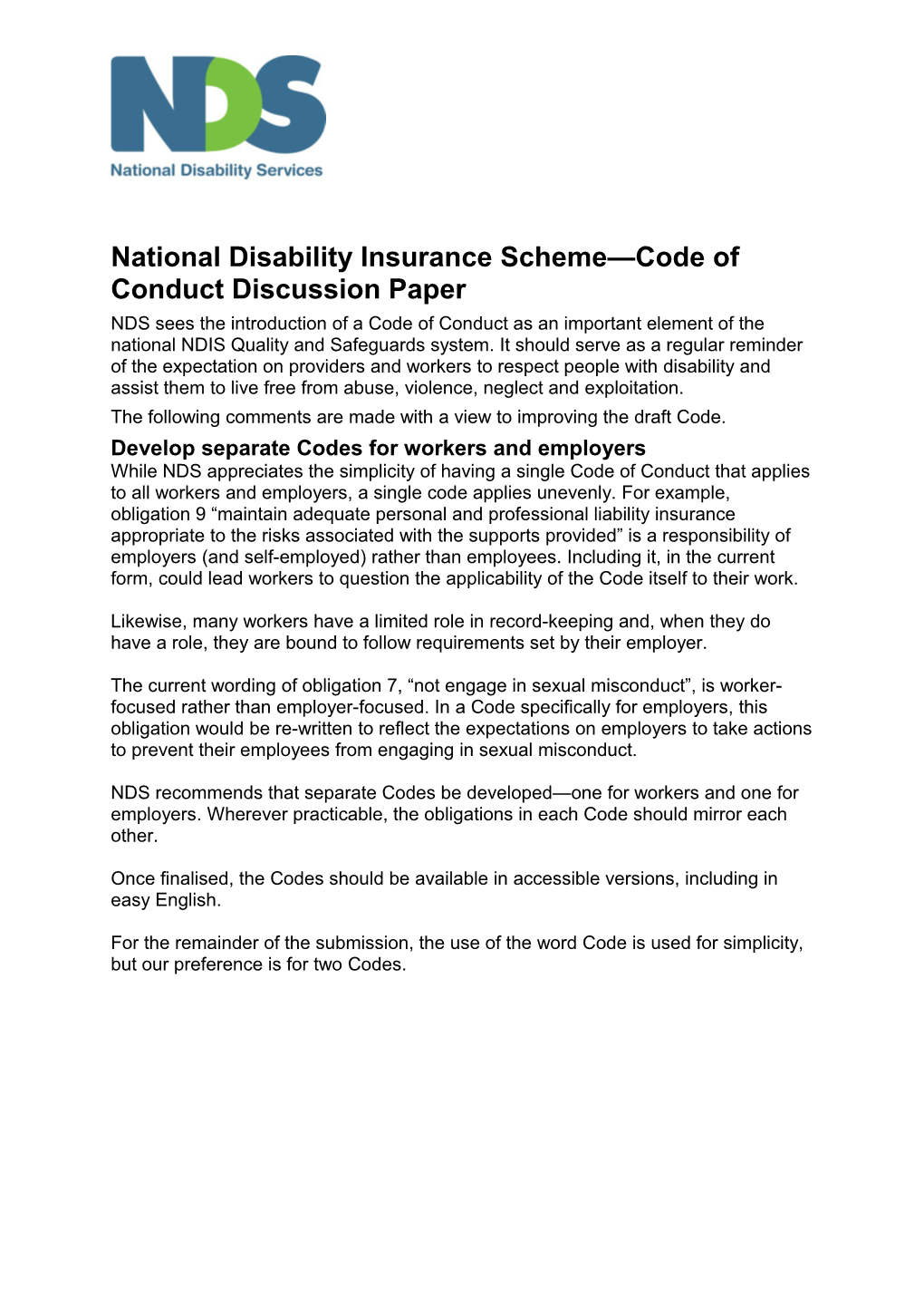National Disability Insurance Scheme Code of Conduct Discussion Paper