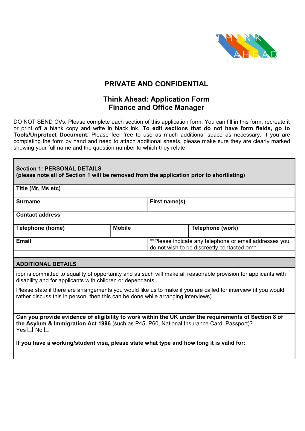 Think Ahead Application Form