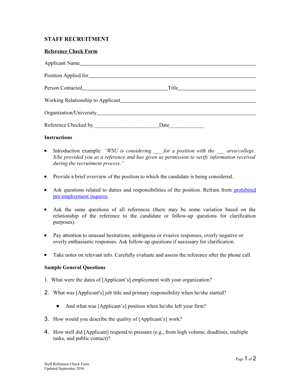 Sample Telephone Reference Check Form