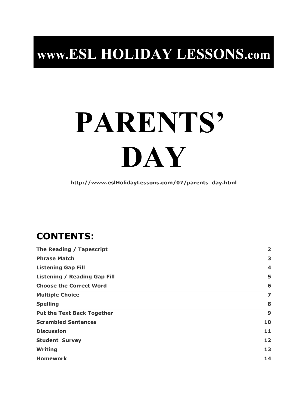 Holiday Lessons - Parents' Day