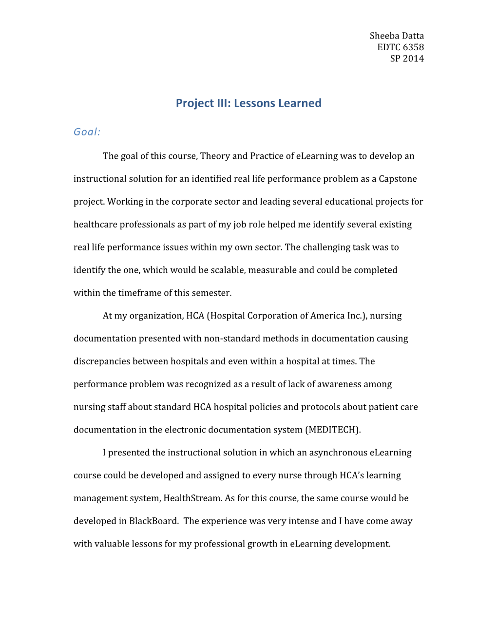 Project III: Lessons Learned