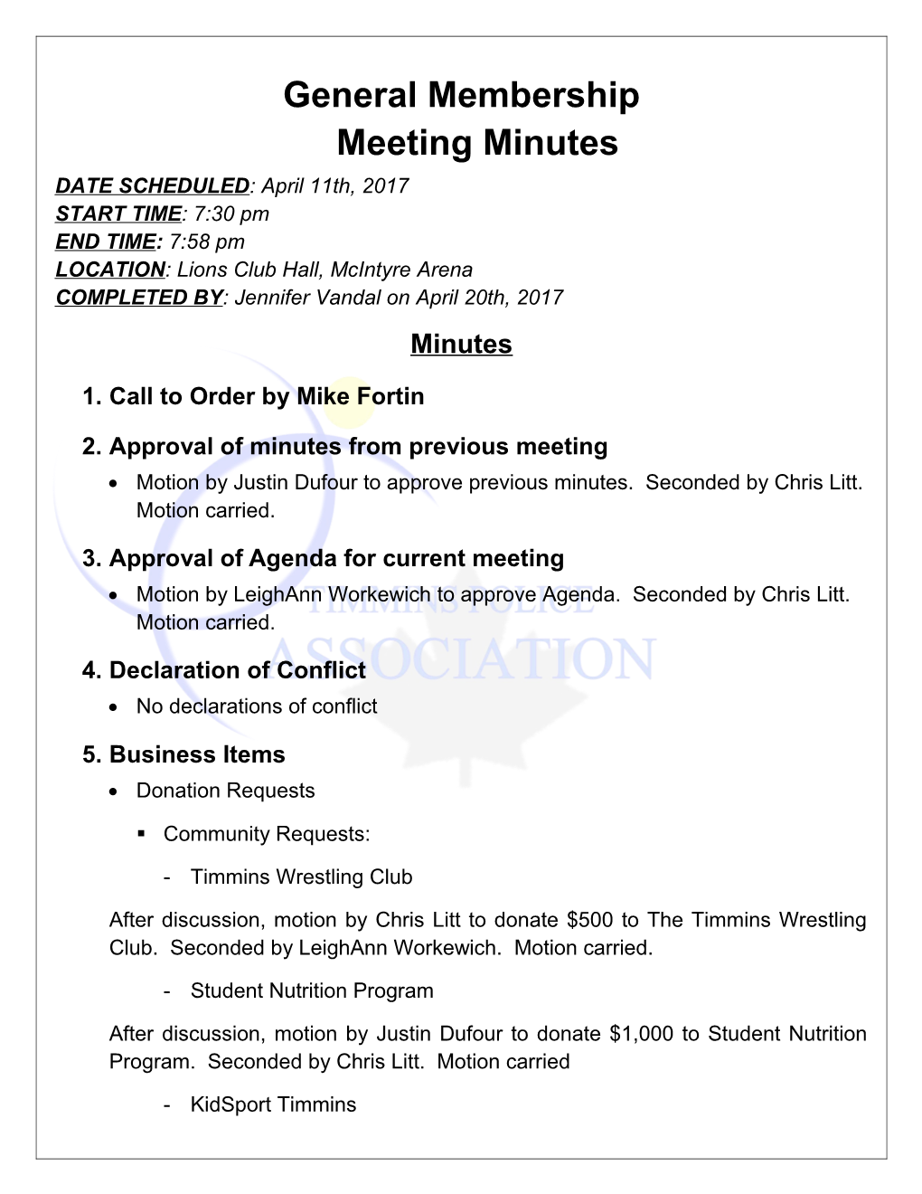 General Membershipmeeting Minutes