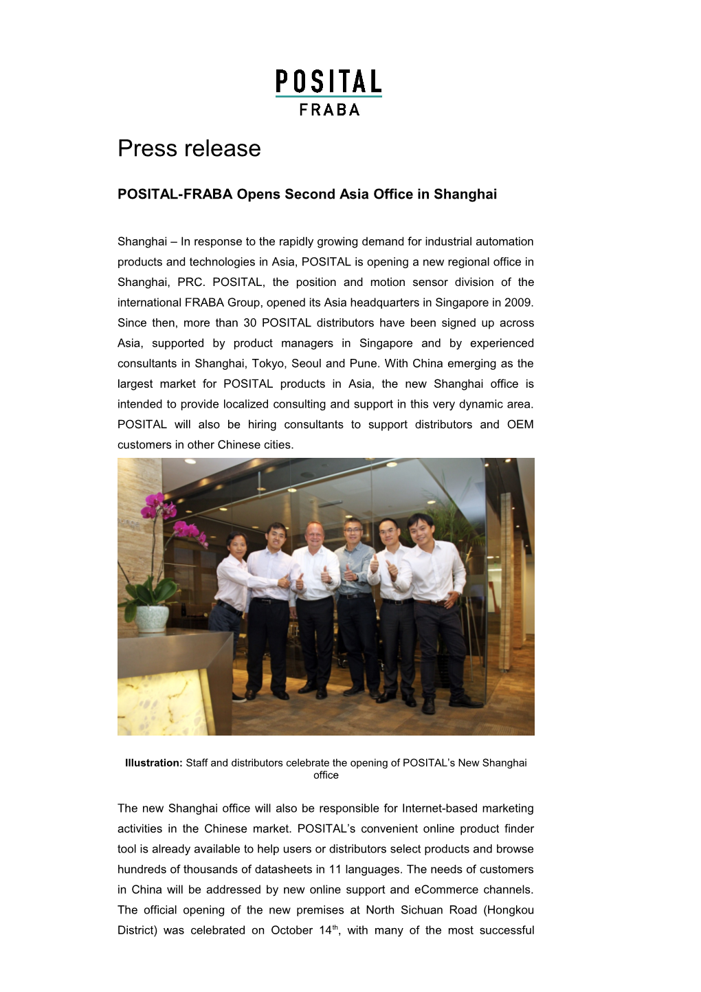POSITAL-FRABA Opens Second Asia Office in Shanghai