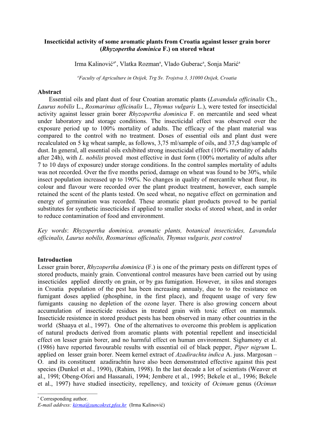 Insecticidal Activity of Some Aromatic Plants from Croatia Against Lesser Grain Borer