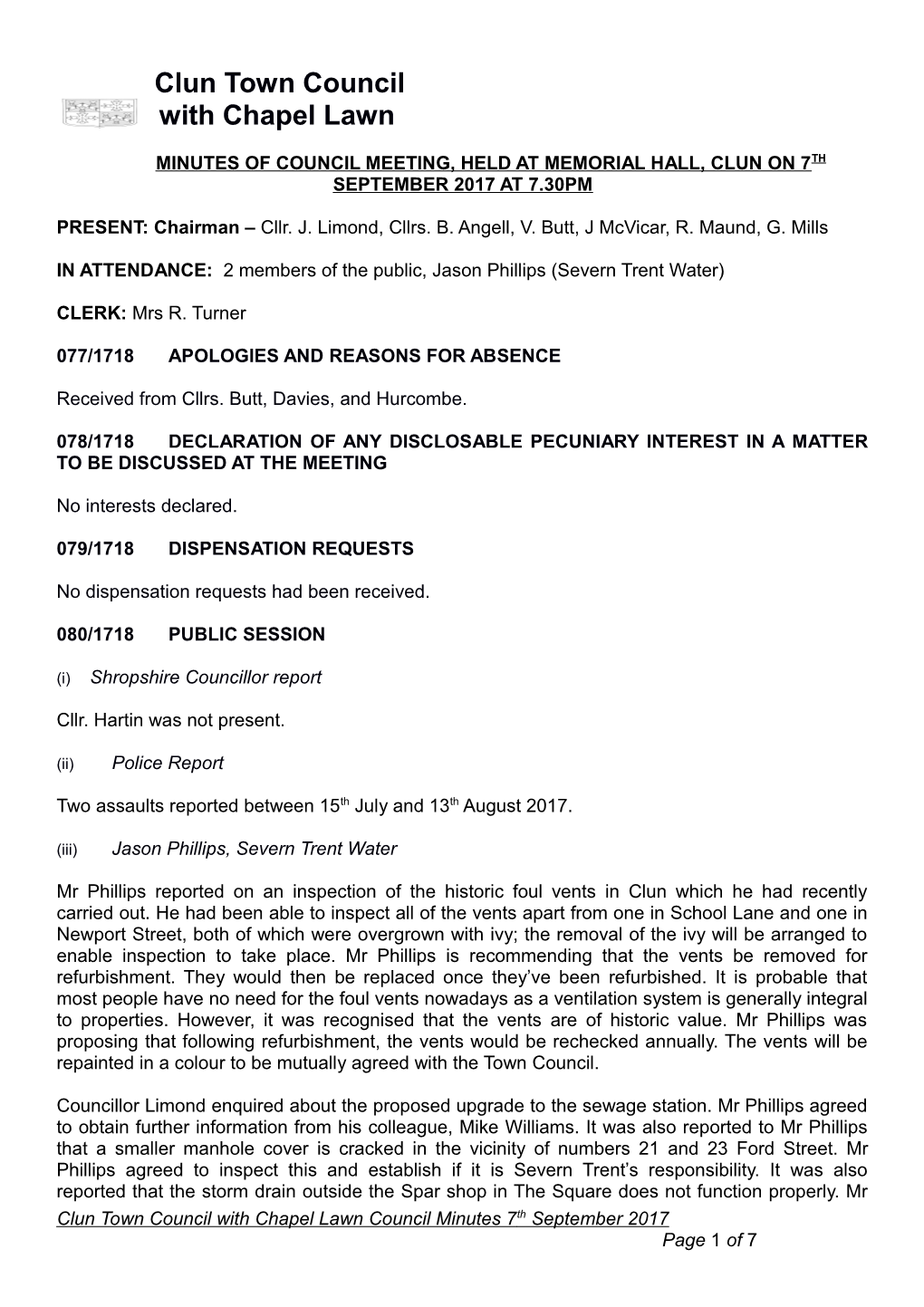 Minutes of Council Meeting, Held Atmemorial Hall, Clunon7th September 2017 at 7.30Pm