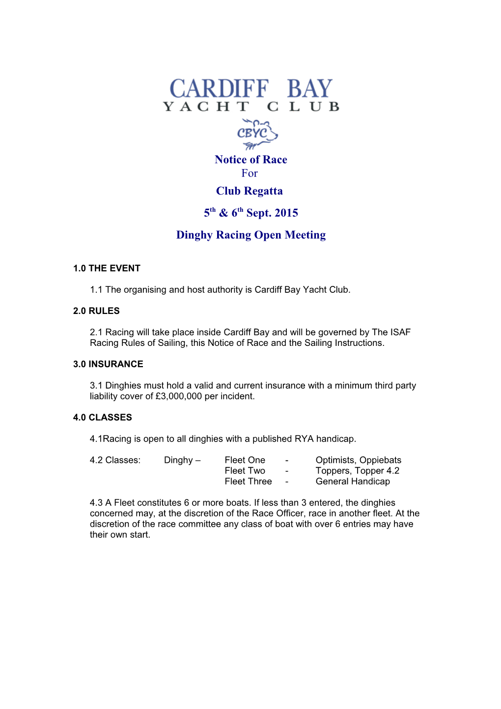 Cardiff Yacht Club, Dinghy Section