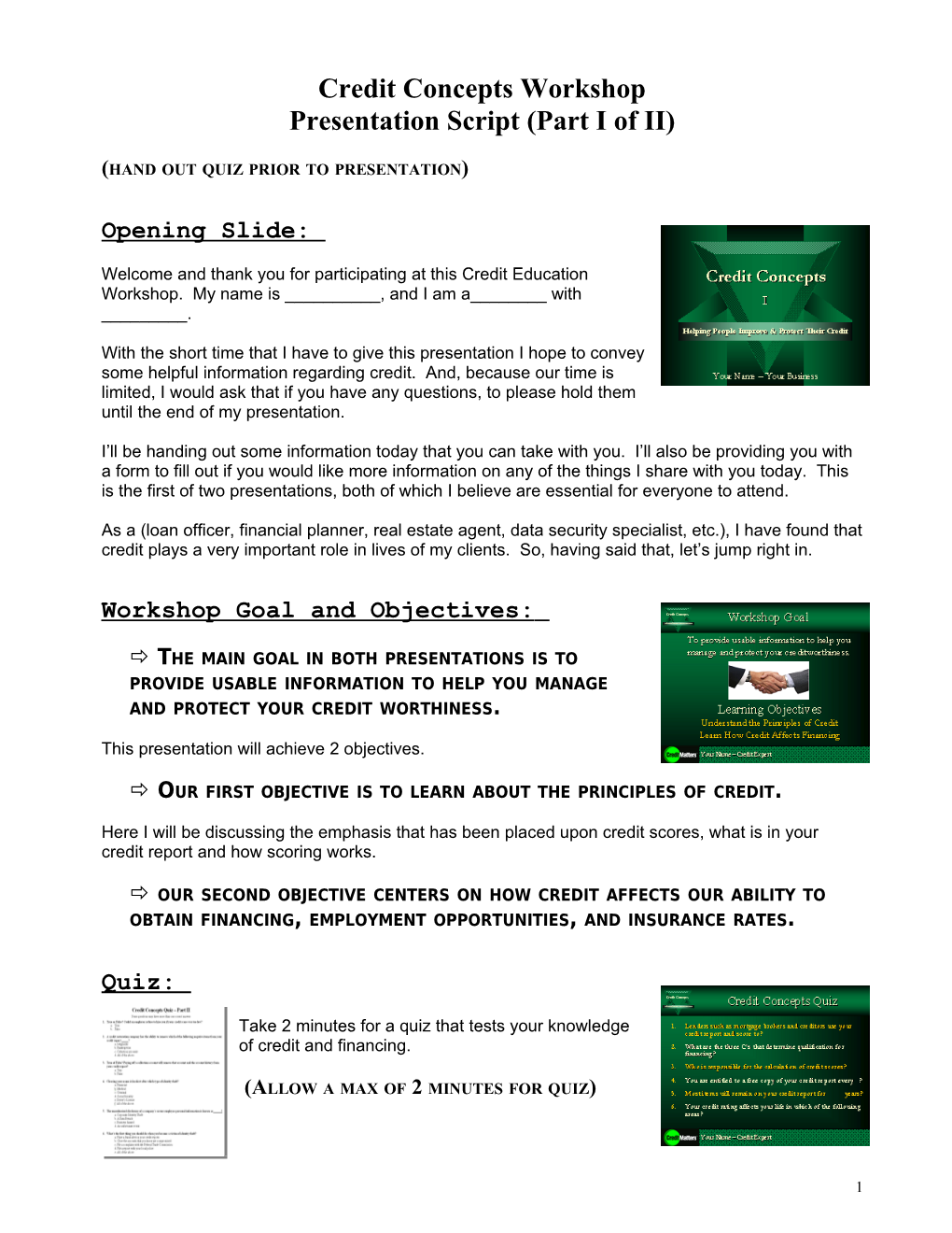 Credit Matters Credit Concepts Workshop (CMCCW) - PRESENTATION PROTOCOL