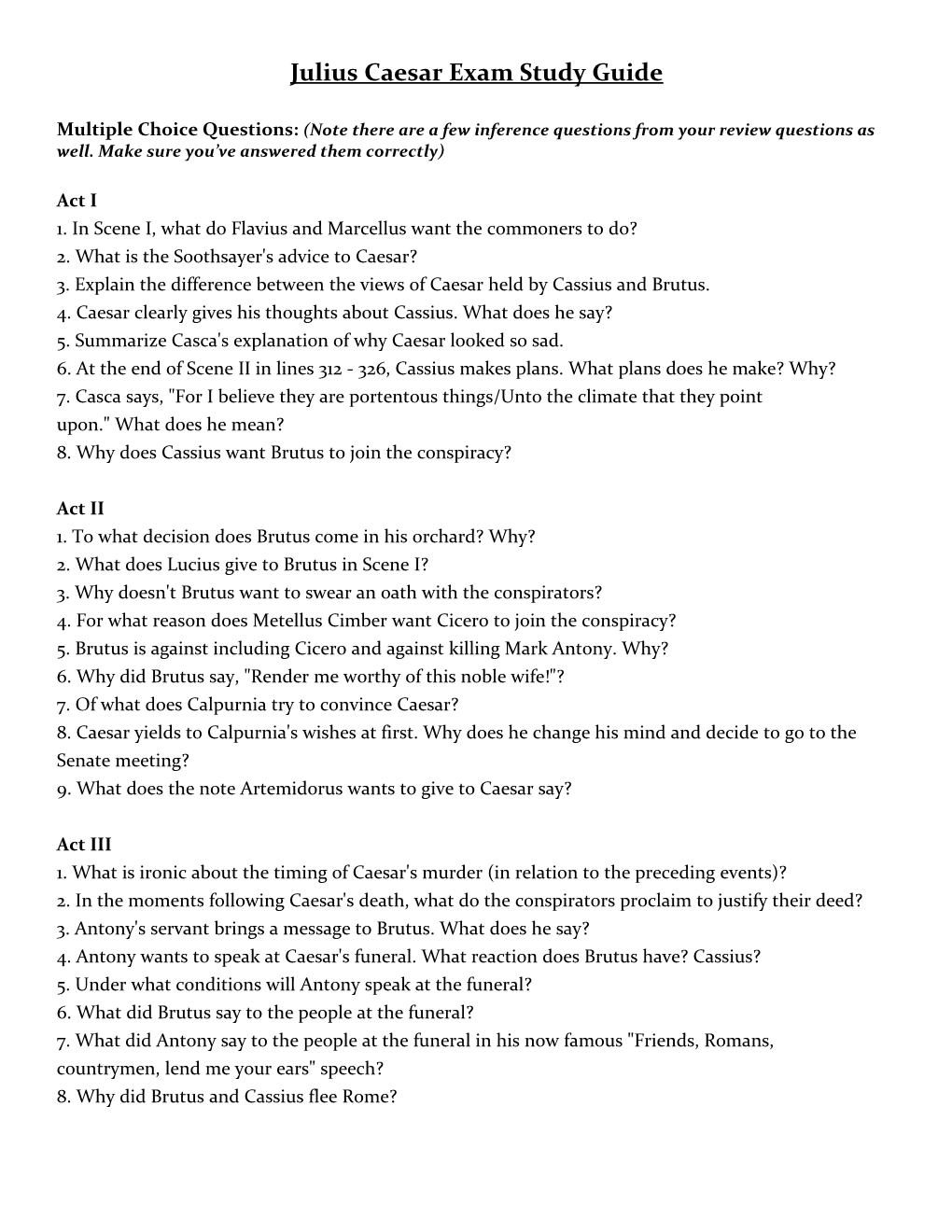 Julius Caesar Exam Study Guide