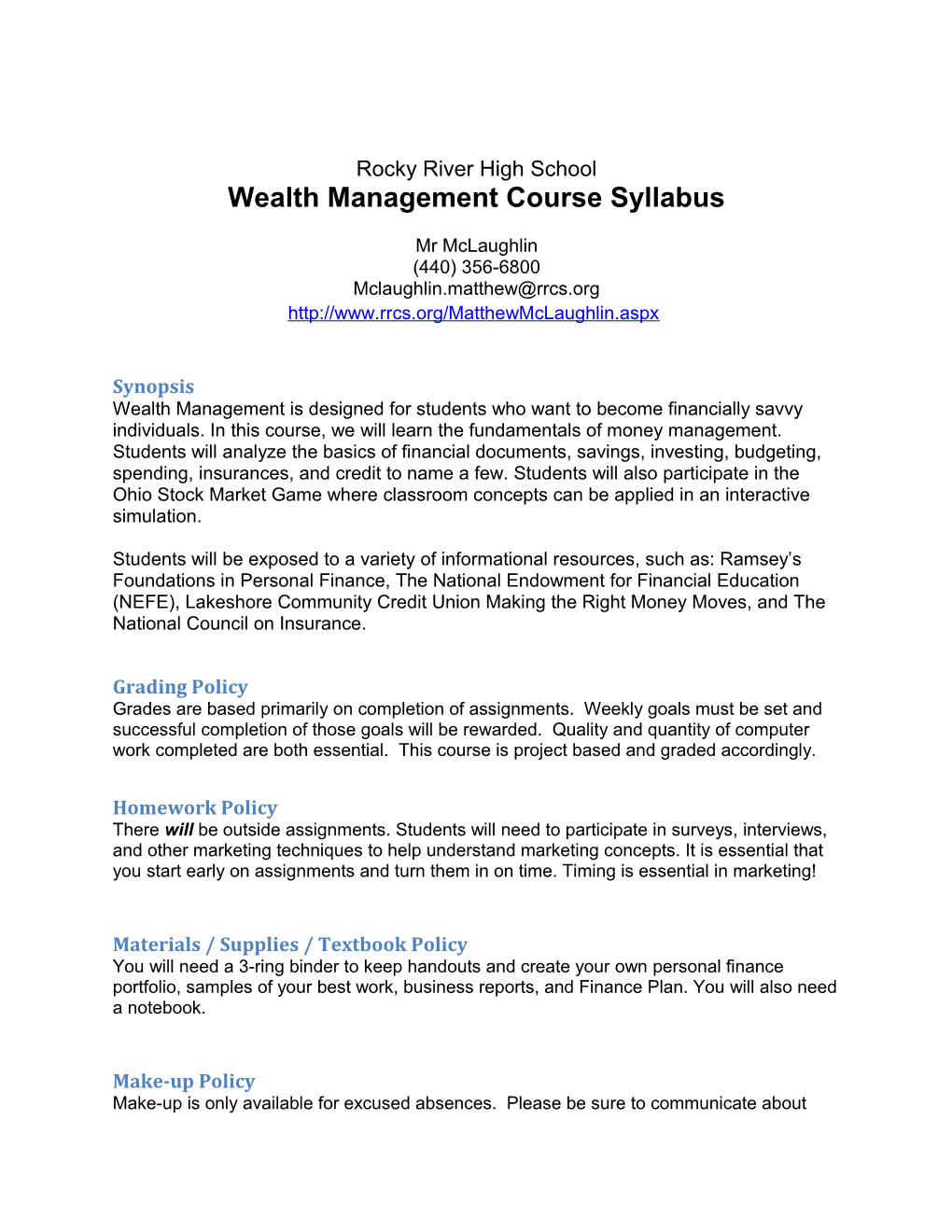 Wealth Management Course Syllabus