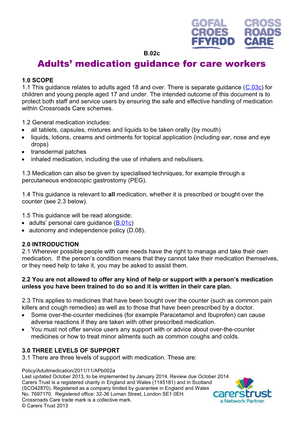 Crossroads Careadults Medication Guidance for Care Workers
