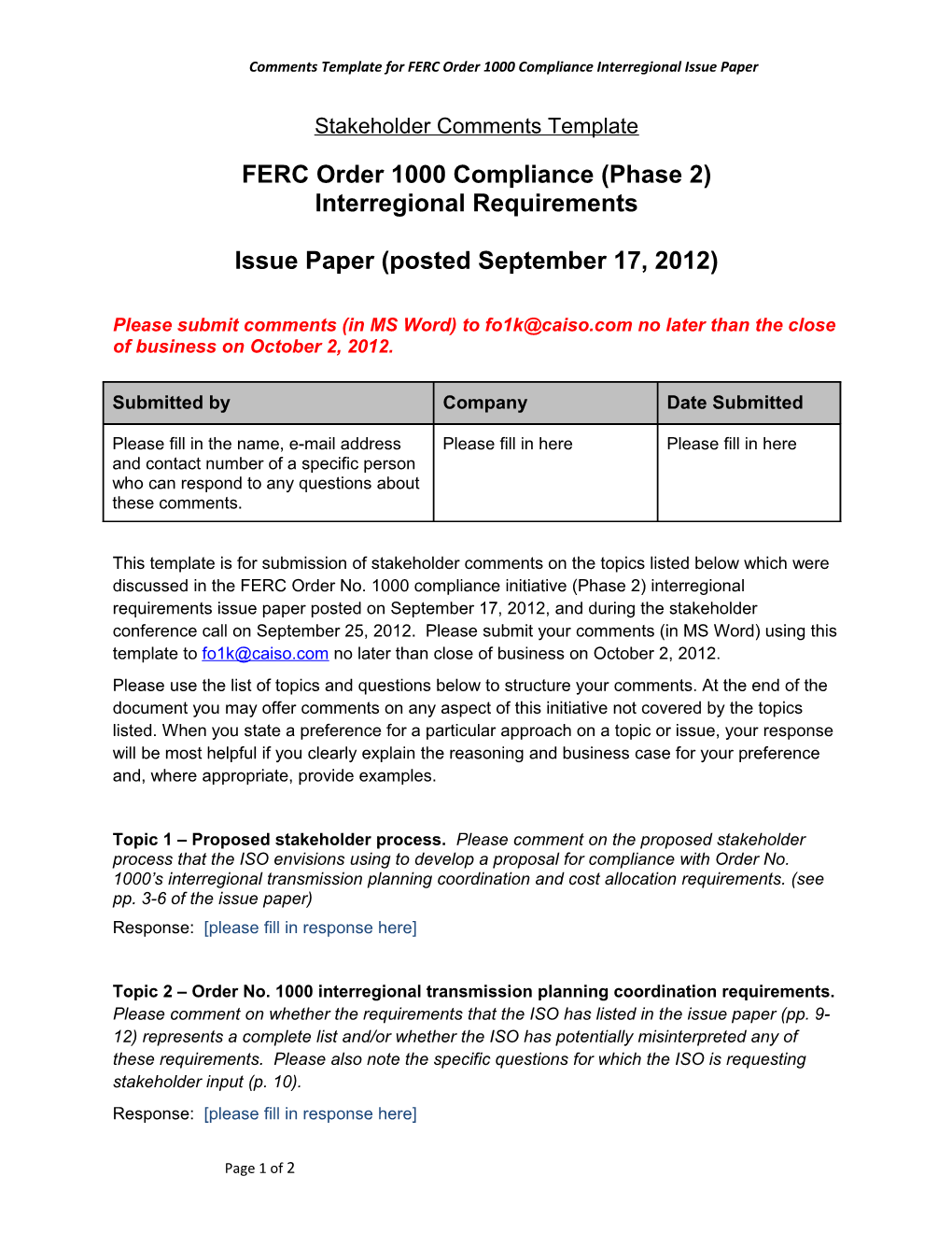 Comments Template for FERC Order 1000 Compliance Interregional Issue Paper