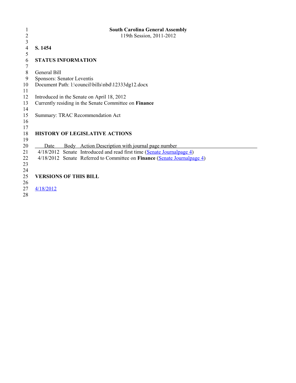 2011-2012 Bill 1454: TRAC Recommendation Act - South Carolina Legislature Online