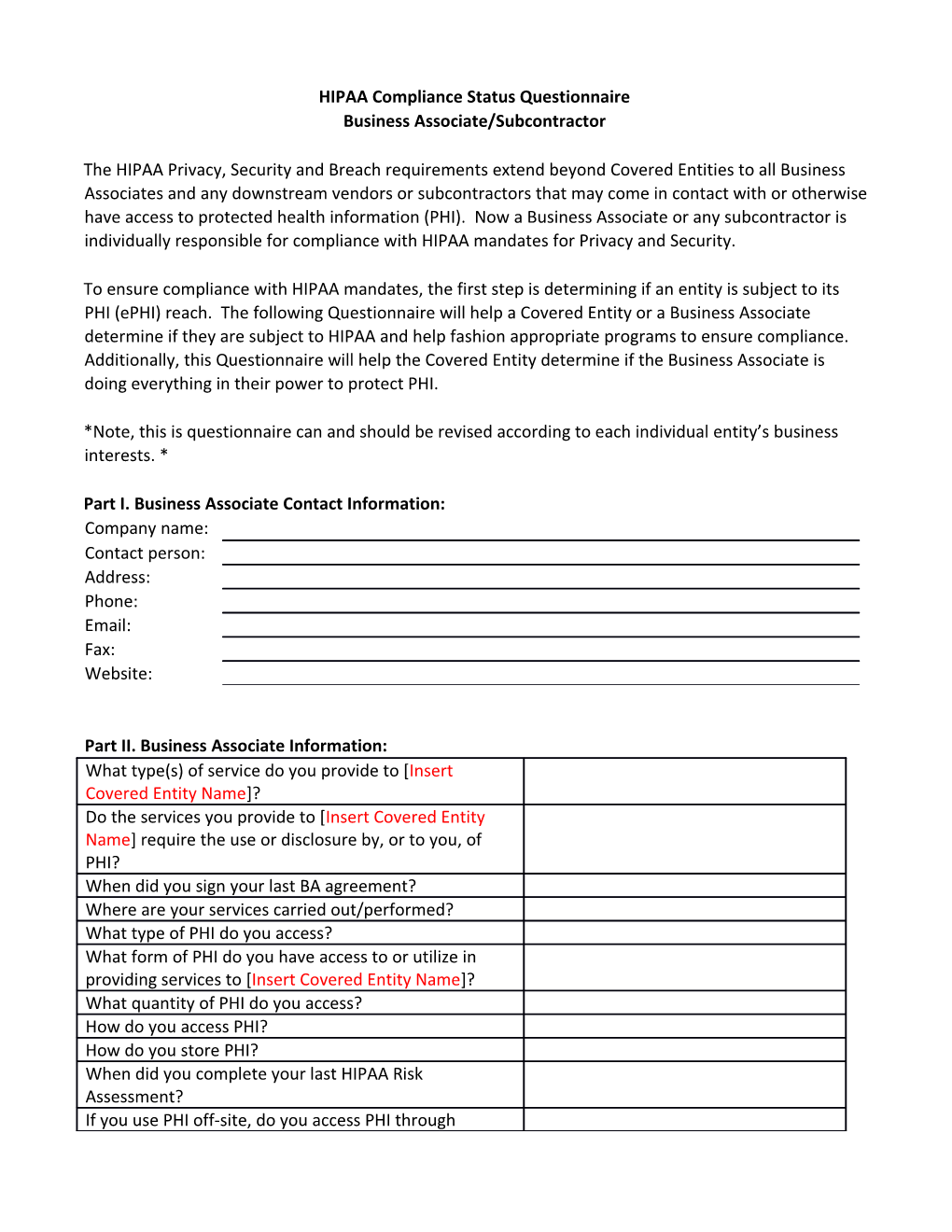 HIPAA Questionairre MRL Redlined