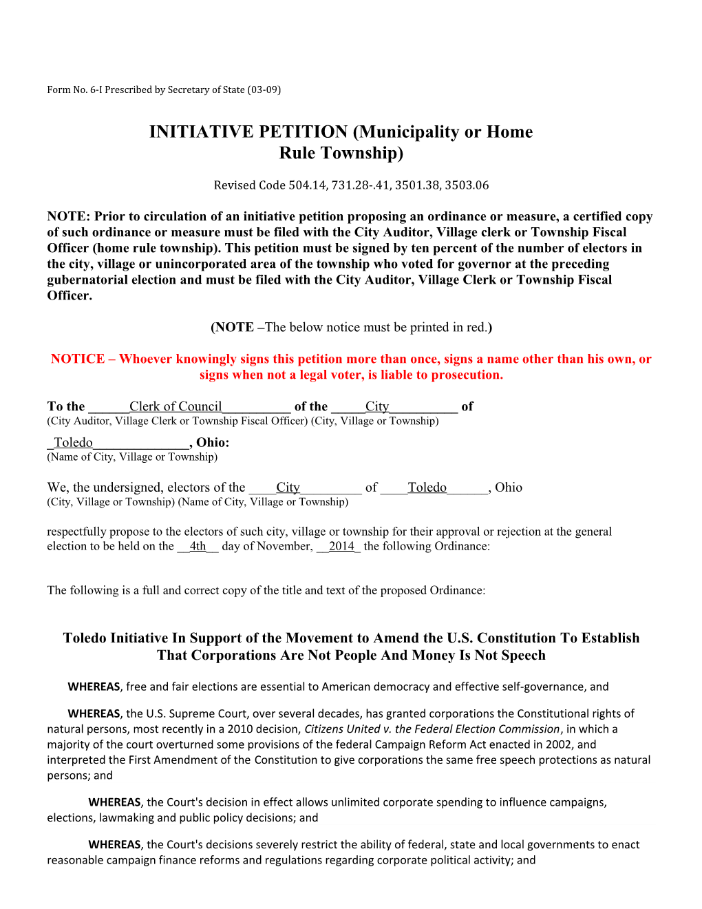 INITIATIVE PETITION(Municipality Or Home Rule Township)