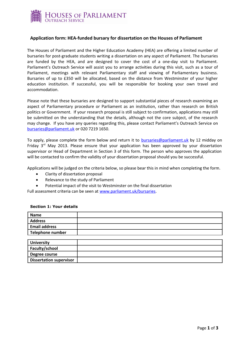 Application Form: HEA Funded Bursary for Parliament Dissertation