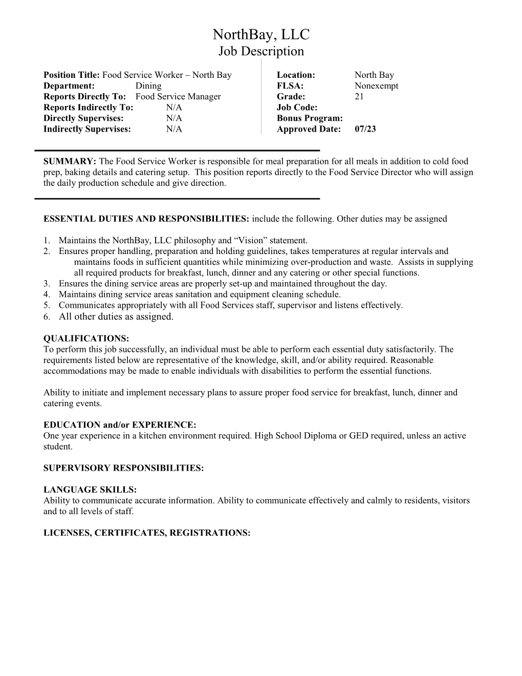 Position Title: Food Service Worker North Bay