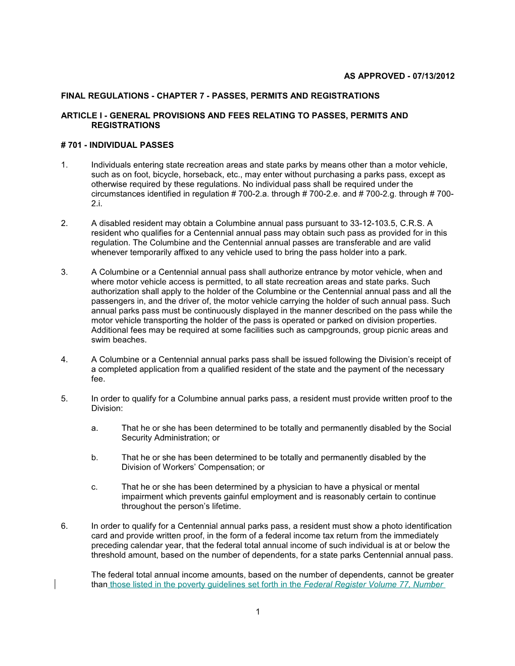 Final Regulations - Chapter 7 - Passes, Permits and Registrations