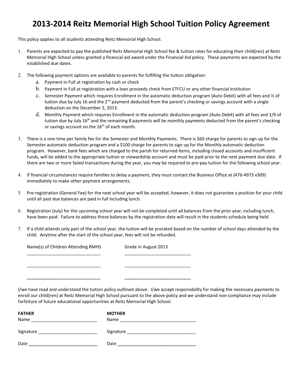 2013-2014 Reitz Memorial High School Tuition Policy Agreement