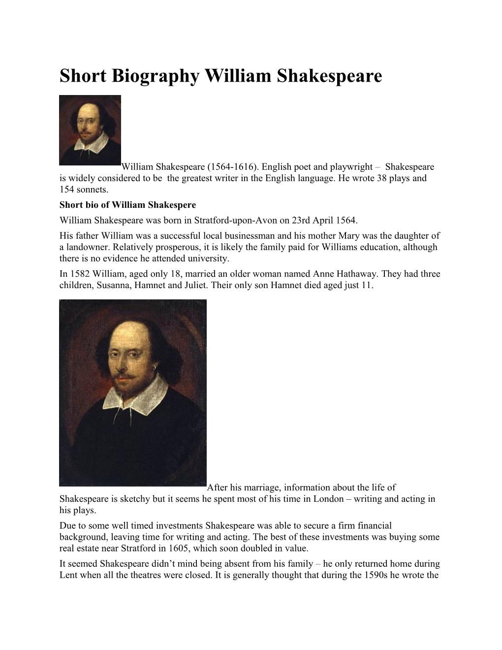 Short Biography William Shakespeare