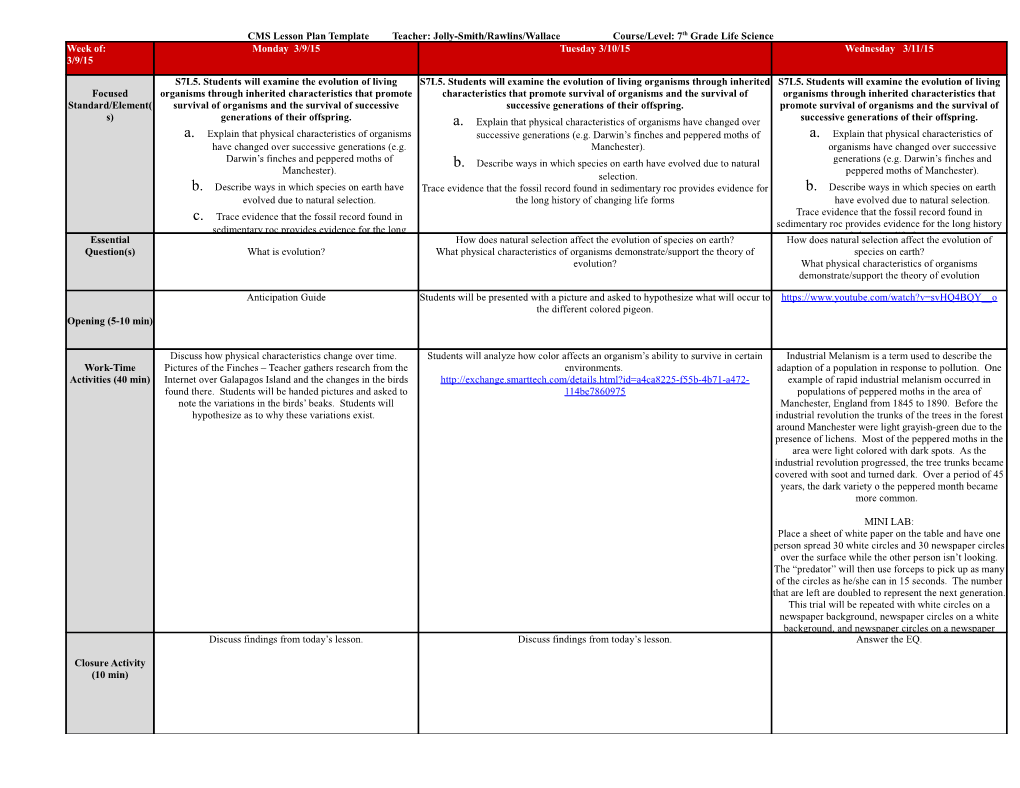 CMS Lesson Plan Template Teacher: Jolly-Smith/Rawlins/Wallace Course/Level: 7Th Grade