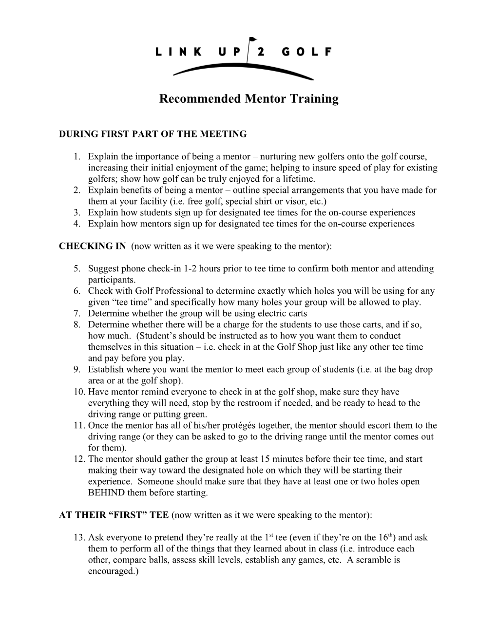 Recommended Items to Cover in Mentor Training