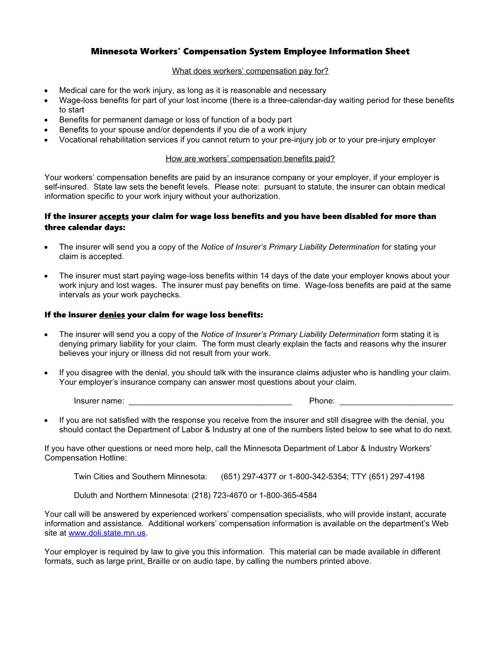 Minnesota Workers Compensation System Employee Information Sheet