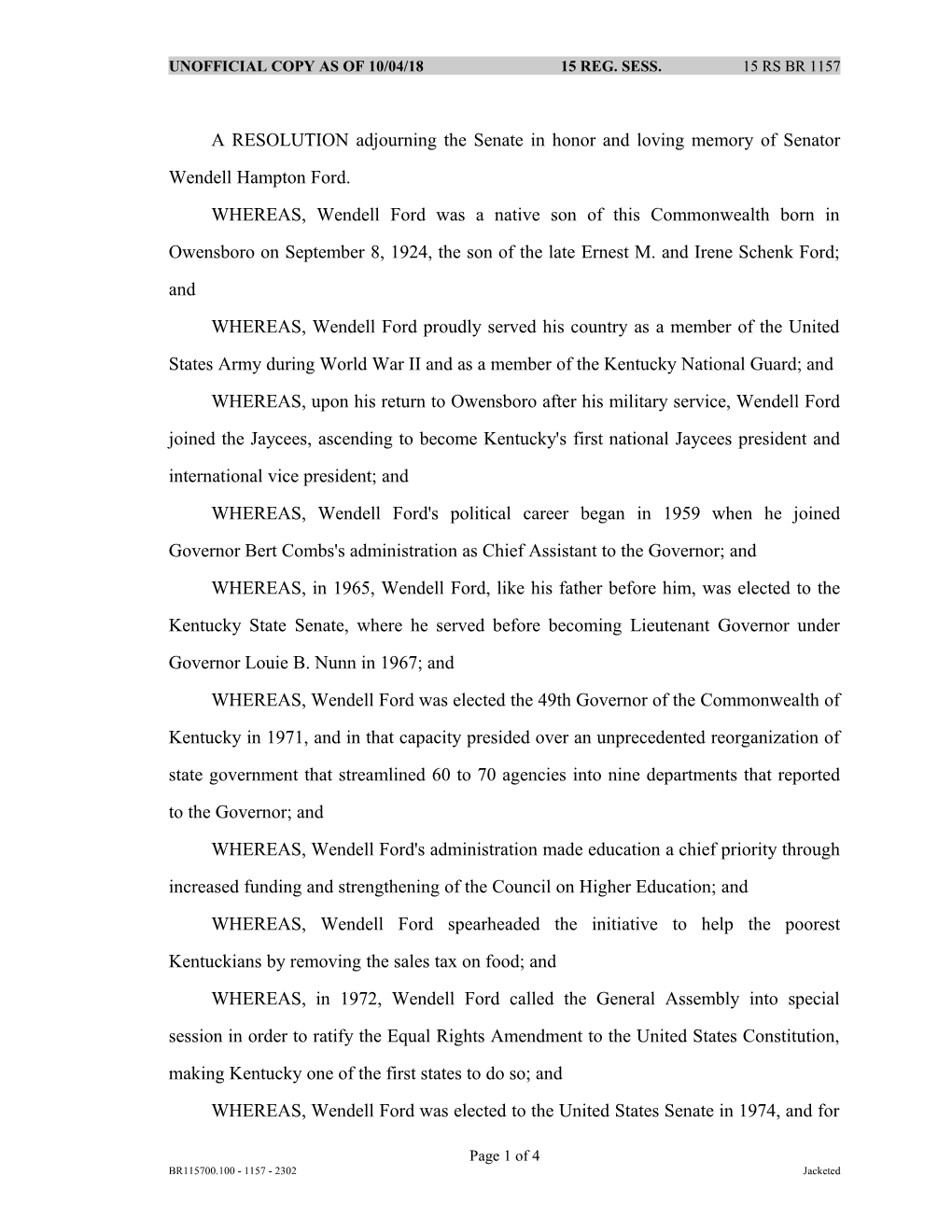 A RESOLUTION Adjourning the Senate in Honor and Loving Memory of Senator Wendell Hampton Ford