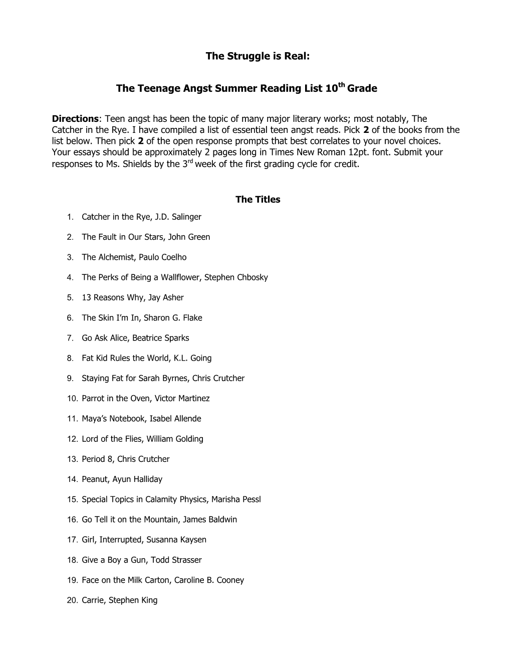 The Teenage Angst Summer Reading List 10Thgrade