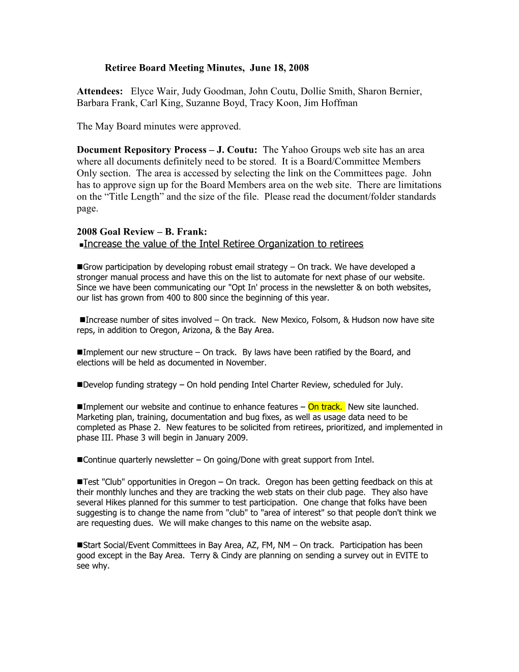 Retiree Board Meeting Minutes, June 18, 2008