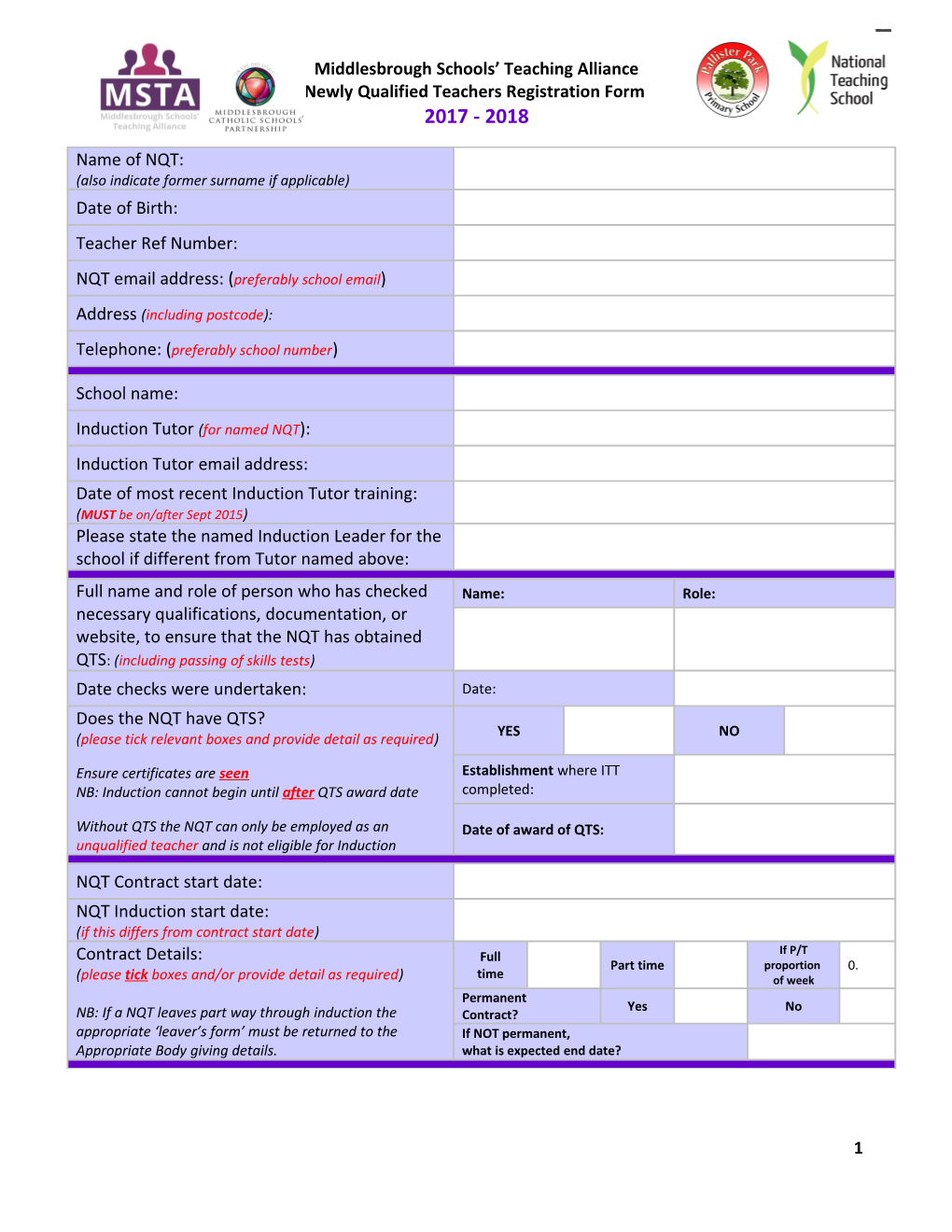 Middlesbrough Newly Qualified Teachers Registration Form