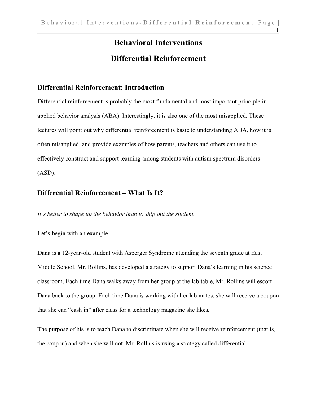Behavioral Interventions- Differential Reinforcement Page 1
