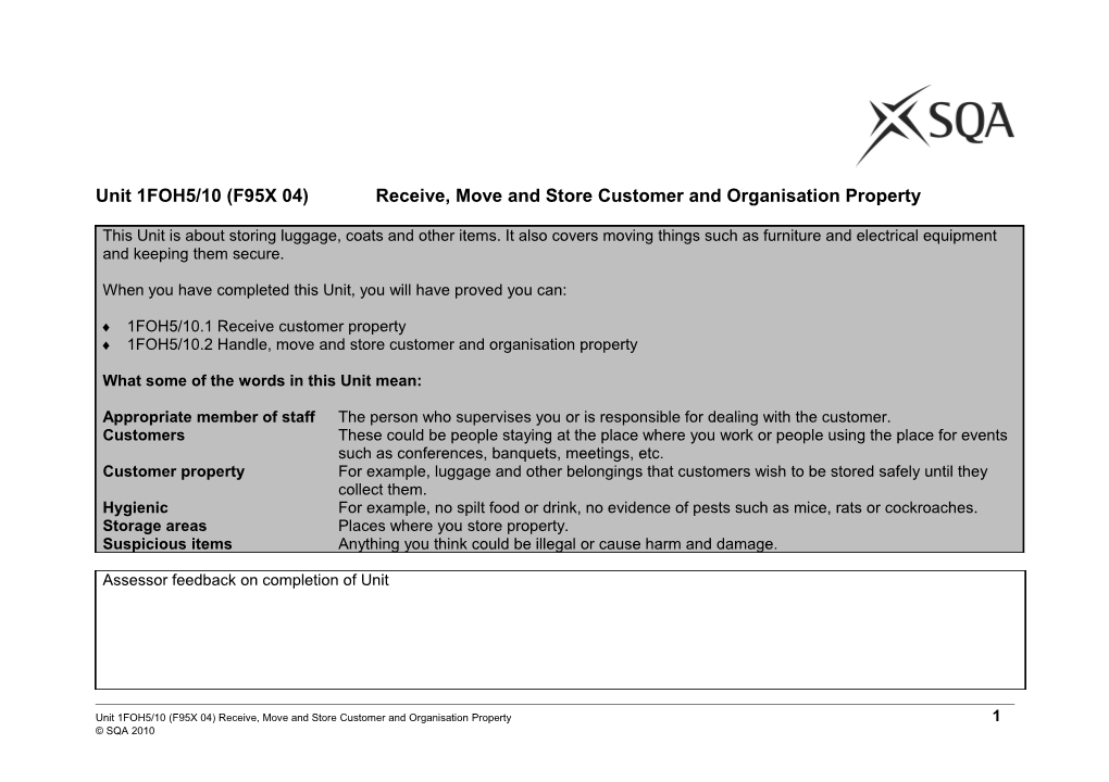 Unit 1FOH5/10 (F95X 04)Receive, Move and Store Customer and Organisation Property