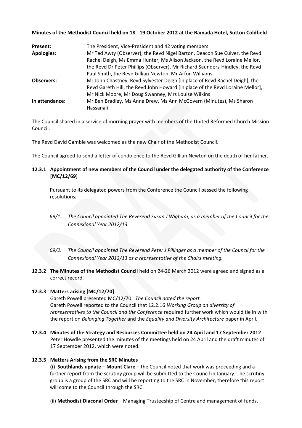 Minutes of the Methodist Council Held on 18-19 October 2012 at the Ramada Hotel, Sutton
