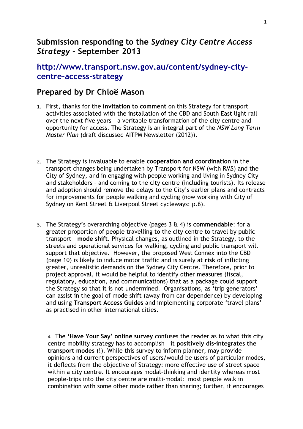 Submission Responding to the Sydney City Centre Access Strategy September 2013