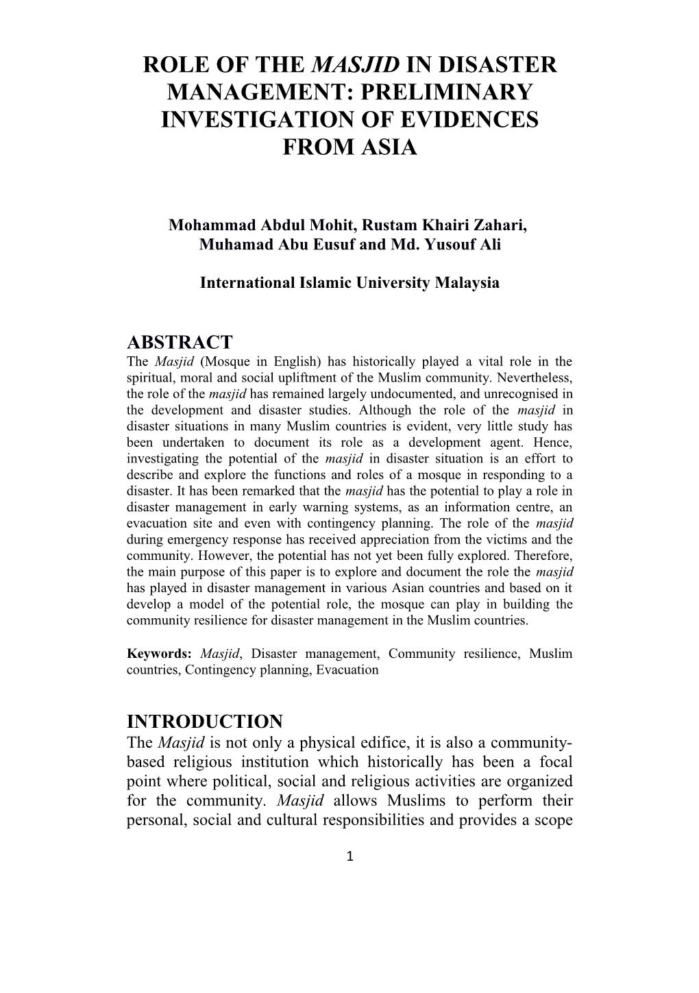 Role of the Masjid in Disaster Management: Investigating Cross-Cultural Evidence from Asia